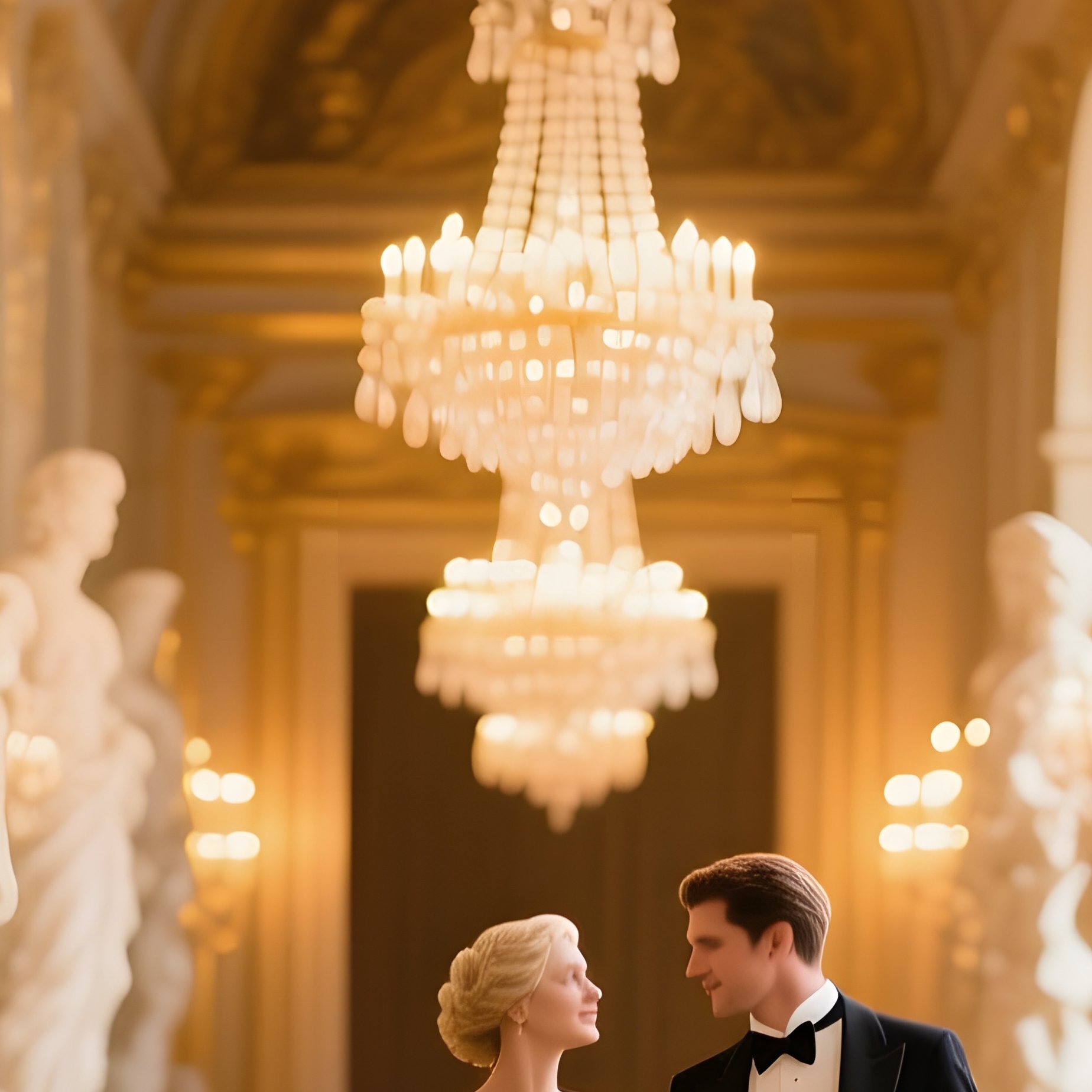 Opulent Palace Hallway Marble Statues Chandeliers Couple Formal Attire - Full Resolution Quality Preview