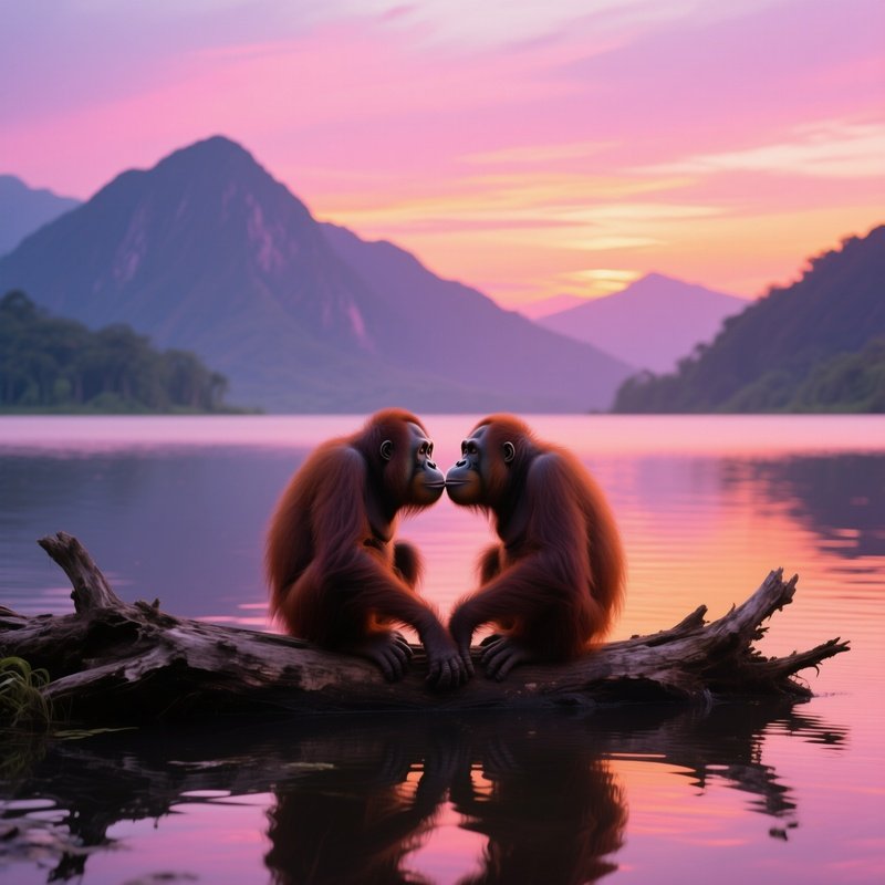 Orangutans Kissing At Sunset Lake