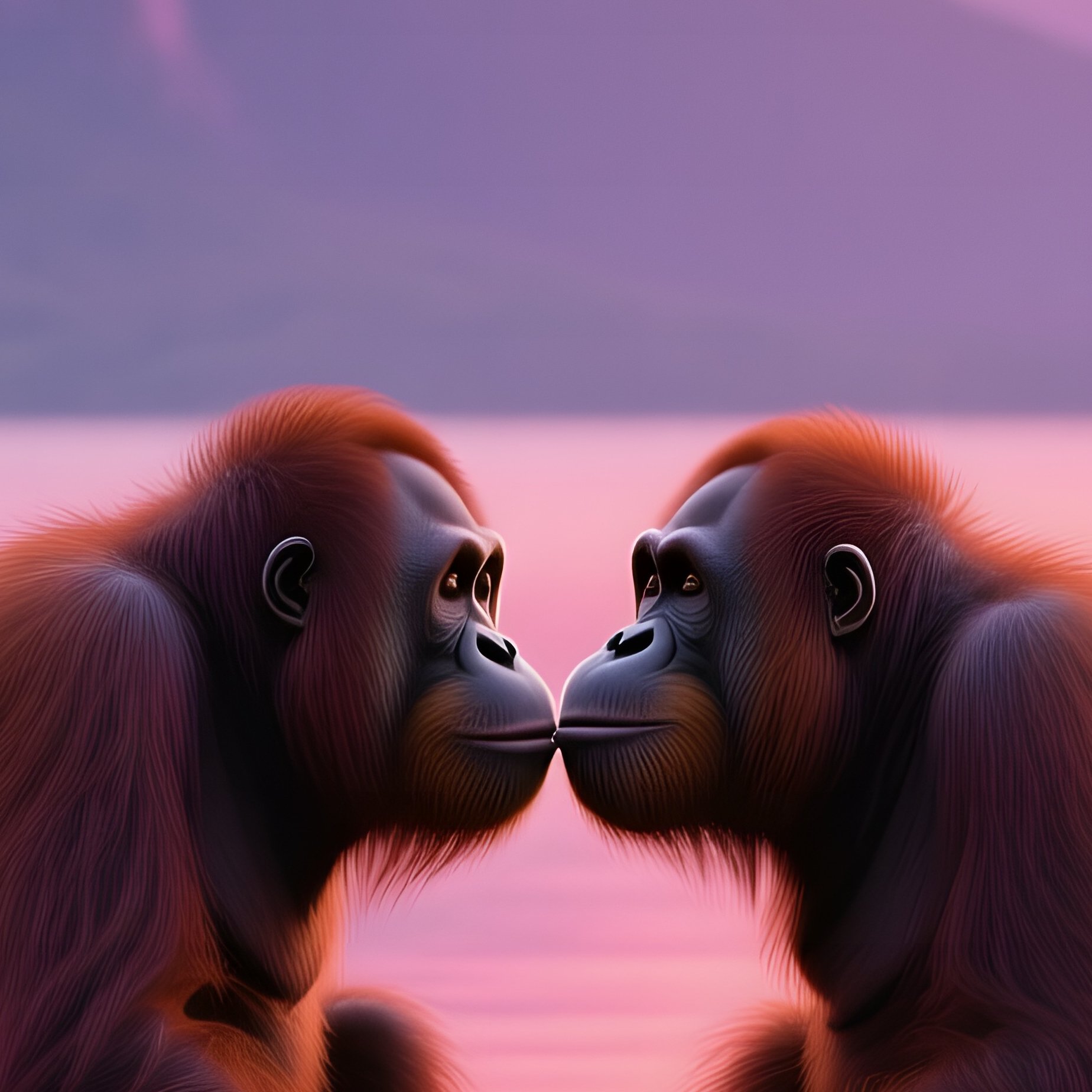 Orangutans Kissing At Sunset Lake - Full Resolution Quality Preview
