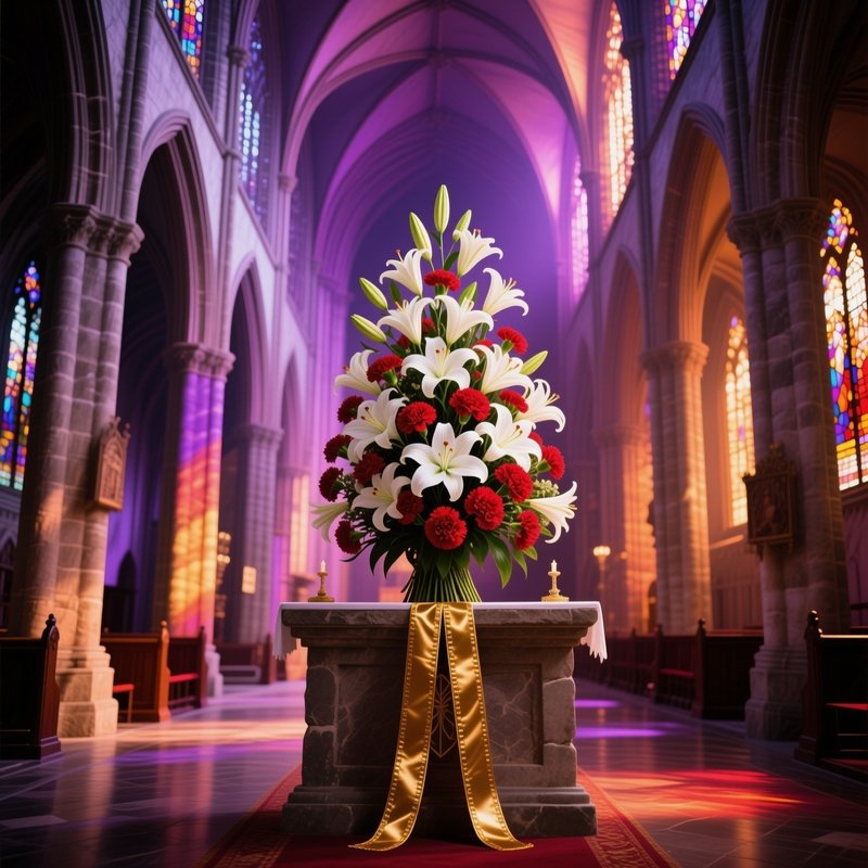 Ornate Cathedral Aisle Stained Glass Light Altar Lilies Carnations