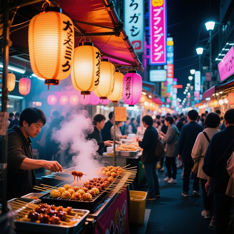 Osaka Night Market Paper Lanterns Takoyaki Skewers