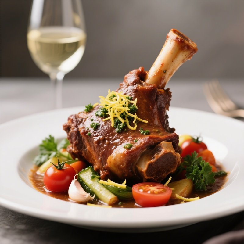Osso Buco Featuring Braised Veal Shanks Cooked With White Wine, Vegetables, Tomato, And Finished With A Gremolata Of Lemon Zest, Garlic, And Parsley