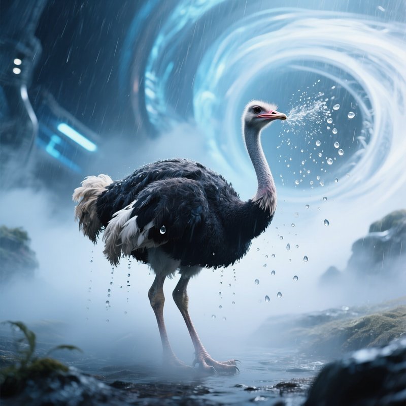 Ostrich Shaking Off Raindrops Morning Mist Fictional