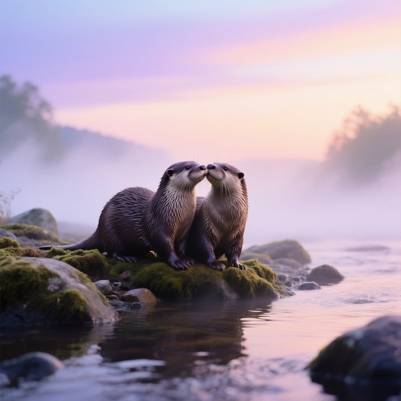 Otters Cuddle Kiss Rocky Riverbank Dawn Mist Pastel Sky