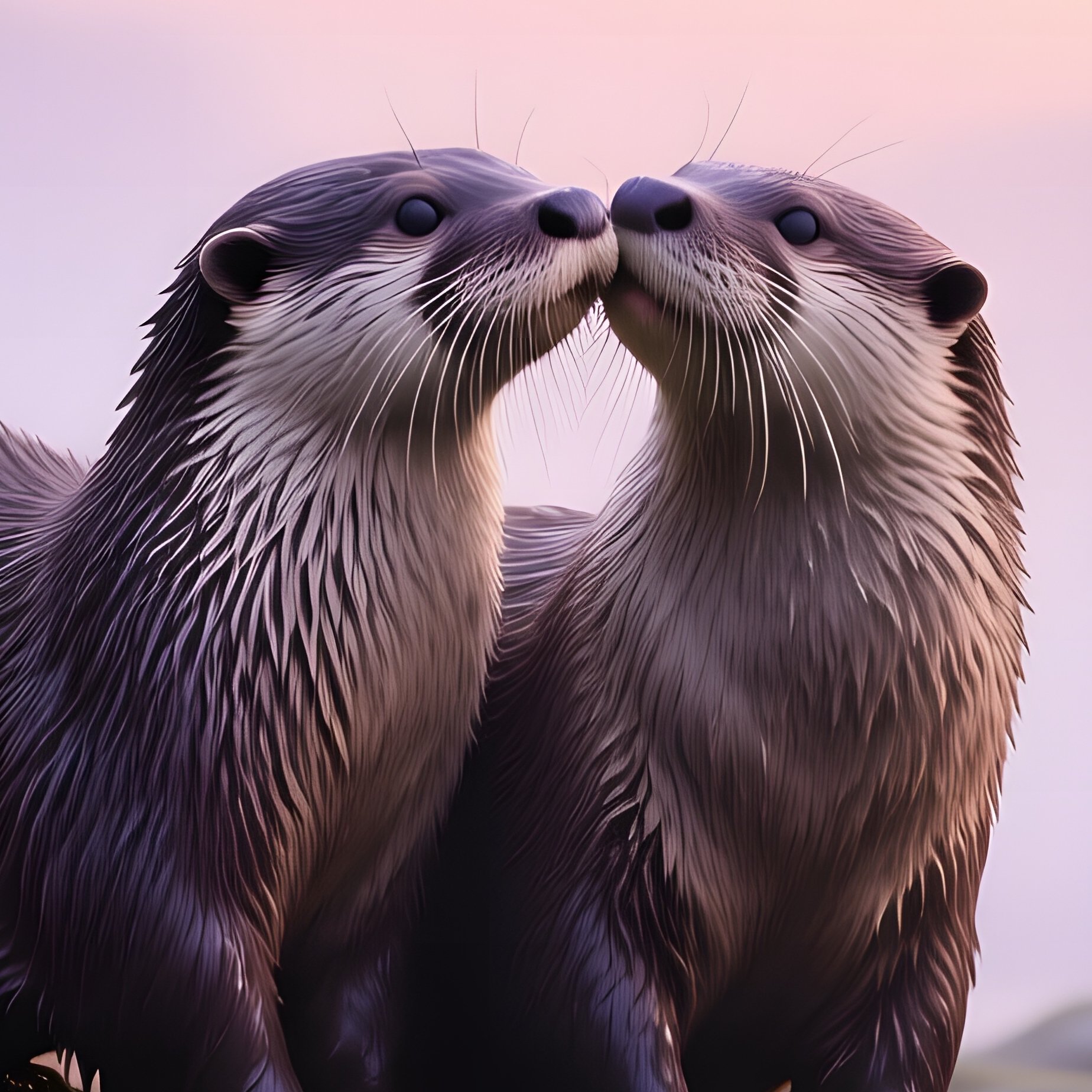 Otters Cuddle Kiss Rocky Riverbank Dawn Mist Pastel Sky - Full Resolution Quality Preview