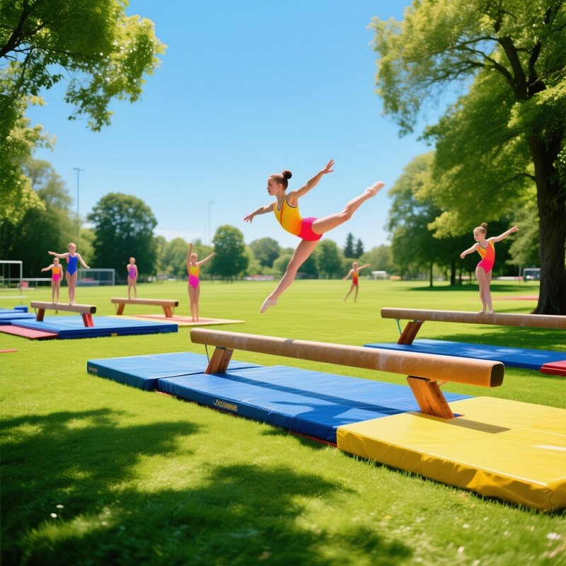Outdoor Gymnastics Gymnasts On Beams And Mats
