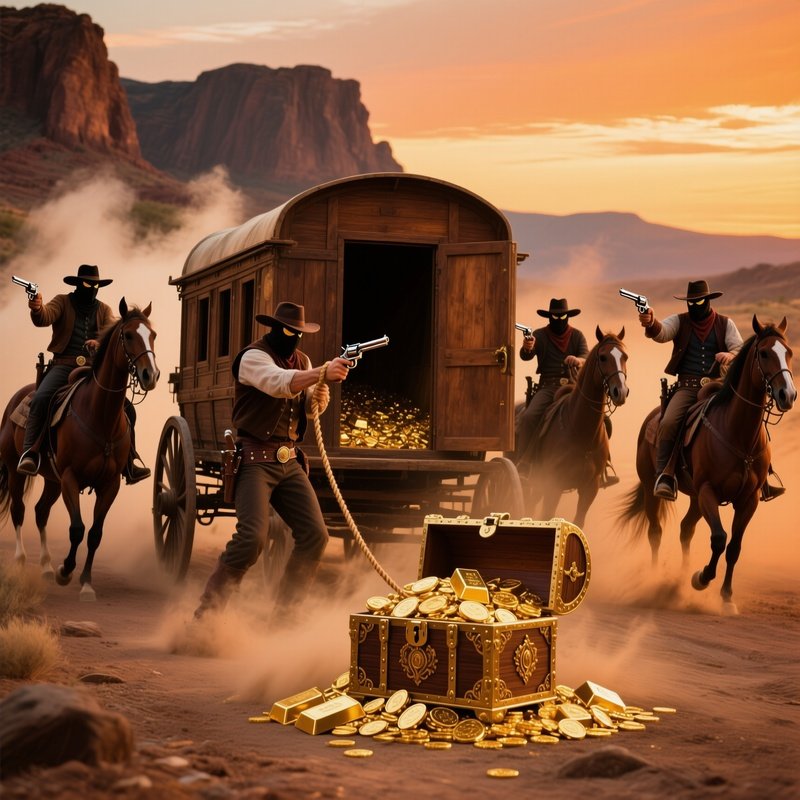 Outlaws Holding Up Stagecoach With Gold Payroll