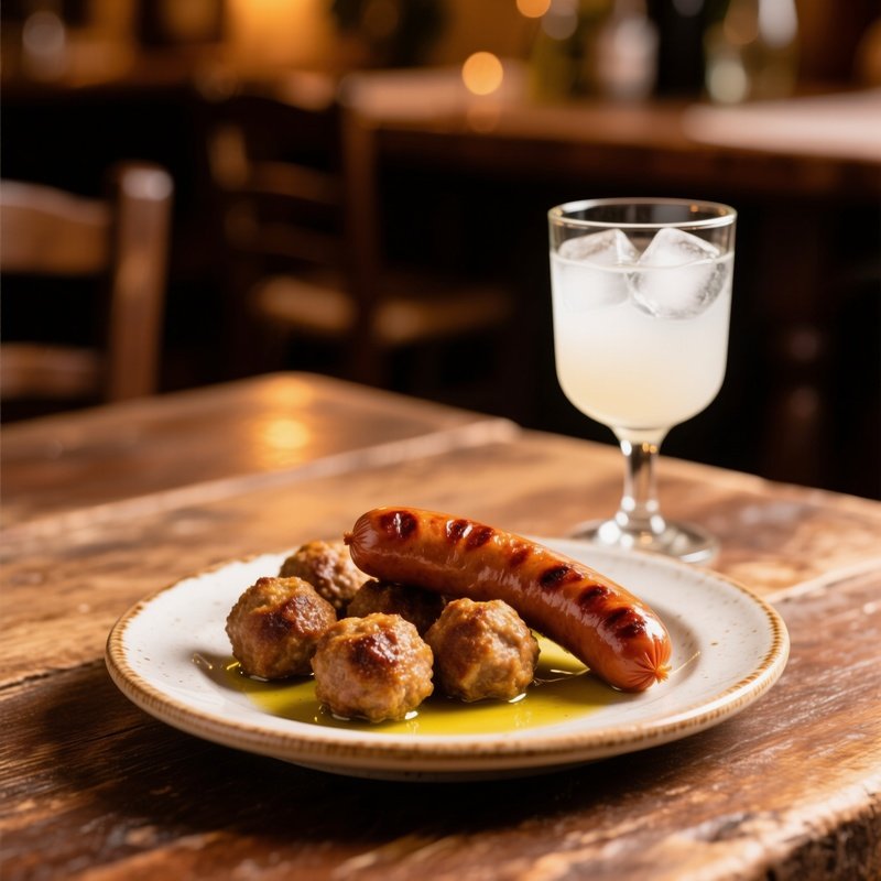 Ouzo And Meze Meatballs Sausage With Cloudy Ouzo Glass Ice