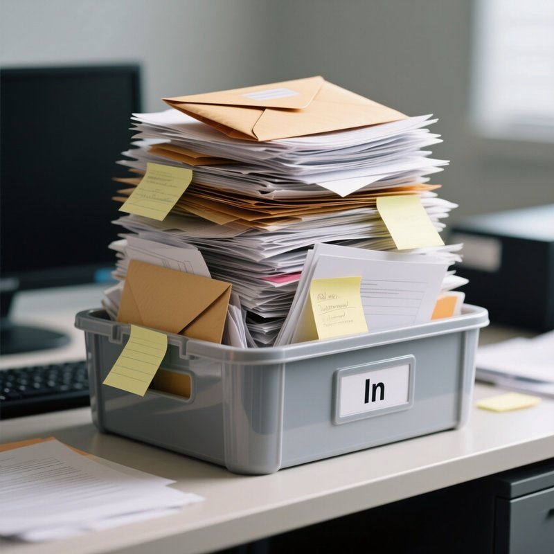 Overflowing Inbox: A Close Up Of A Plastic "In" Tray On A Desk, Overflowing With A Teetering Tower Of Paperwork, Envelopes, And Sticky Notes.