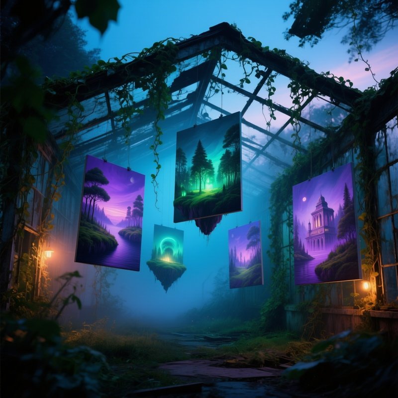 Overgrown Greenhouse Twilight Surreal Canvas Light