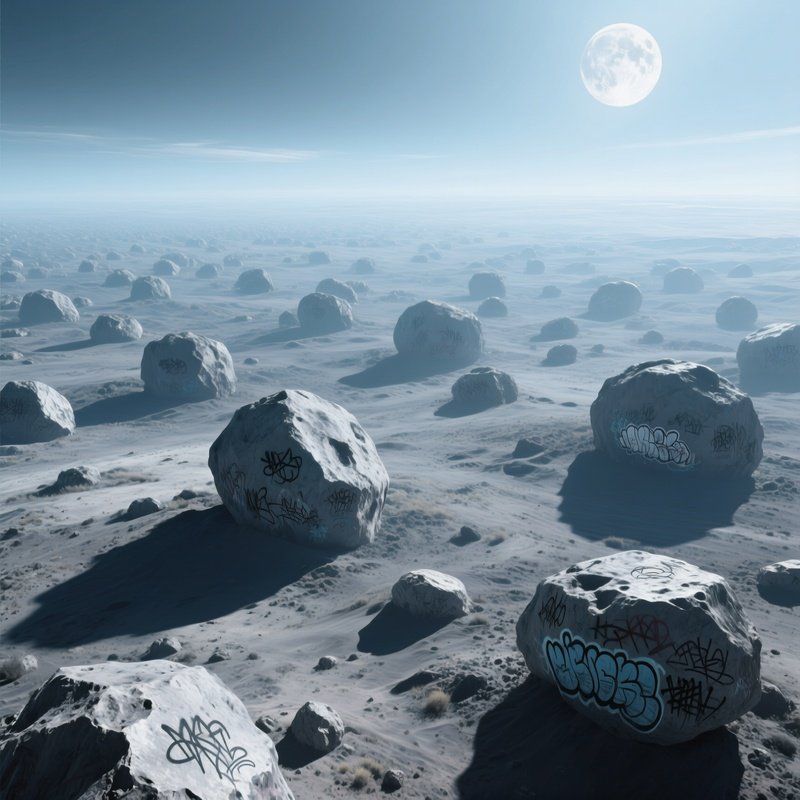 Overhead Drone View Of Gray Silver Asteroids With Graffiti Markings