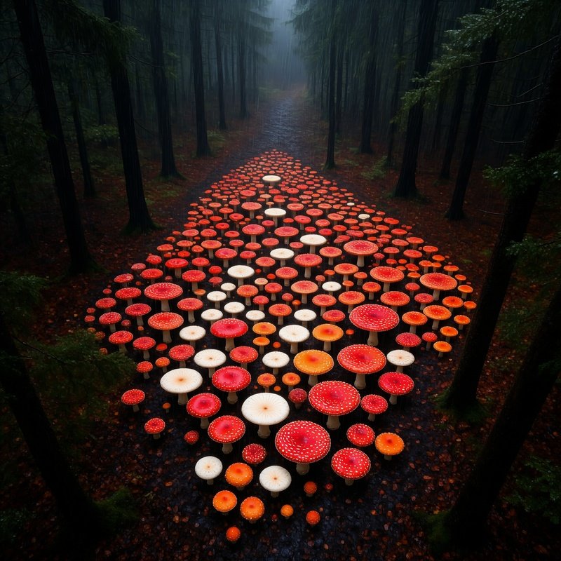 Overhead Drone View Of Mushroom Mosaic In Saxony Forest