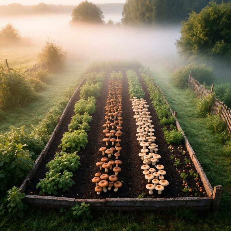 Overhead View German Herb Garden Medicinal Mushrooms Morning Mist