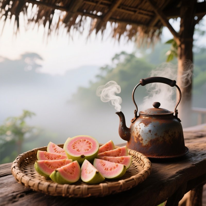Overlapping Guava Slices Fan Out On A Handwoven Rattan Tray Beside A Rusted Iron Kettle, Soft