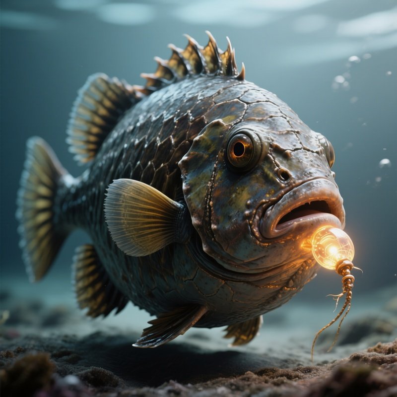 Pacific Footballfish – Round Armored Body With Glowing Lure And Rough Texture.