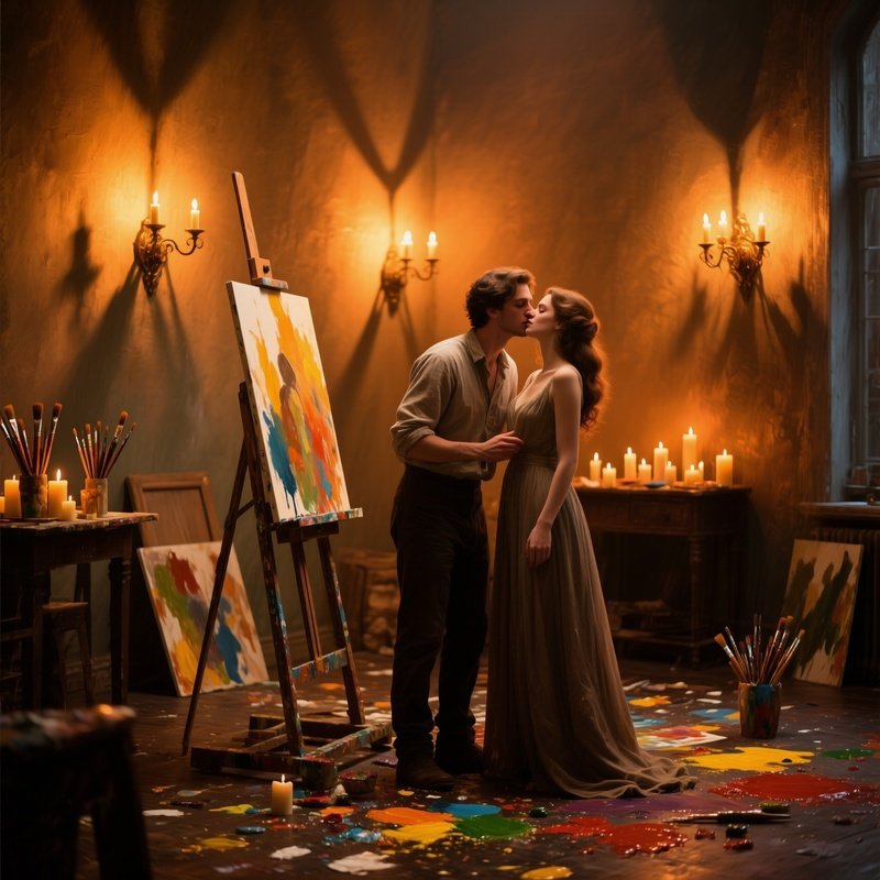 Painter Kissing Muse In Candlelit Studio
