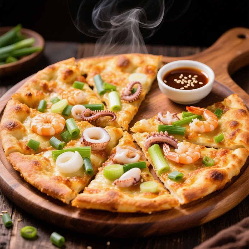 Pajeon Scallion Pancake With Seafood Cut Into Pizza Slices