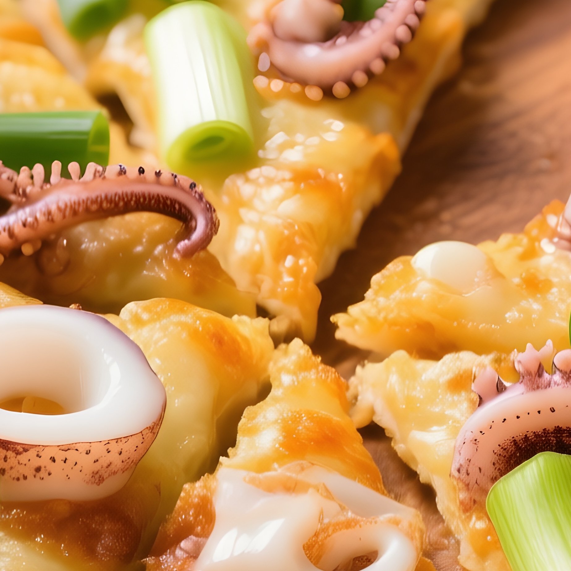 Pajeon Scallion Pancake With Seafood Cut Into Pizza Slices - Full Resolution Quality Preview