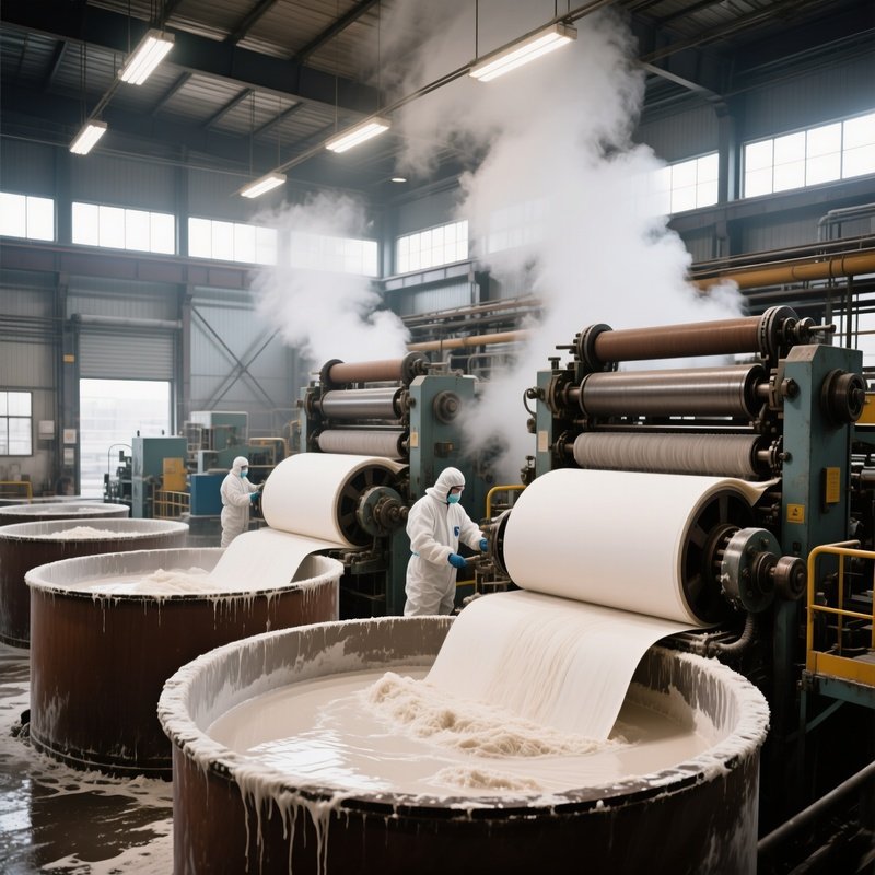 Paper Mill Large Vats Of Pulp Being Pressed Into Sheets Of Paper