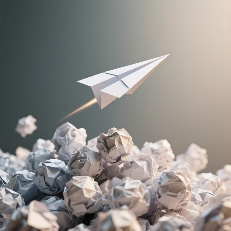 Paper Plane: A Single Paper Airplane Flying Straight And High Above A Chaotic Pile Of Crumpled Paper Balls, Symbolizing The One Idea That Works.