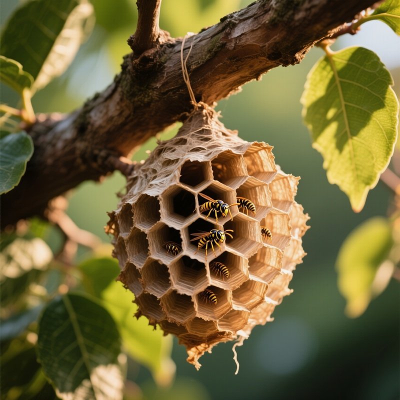Paper Wasp Nest Hanging From Branch Showing Hexagonal Cells And Larvae Inside