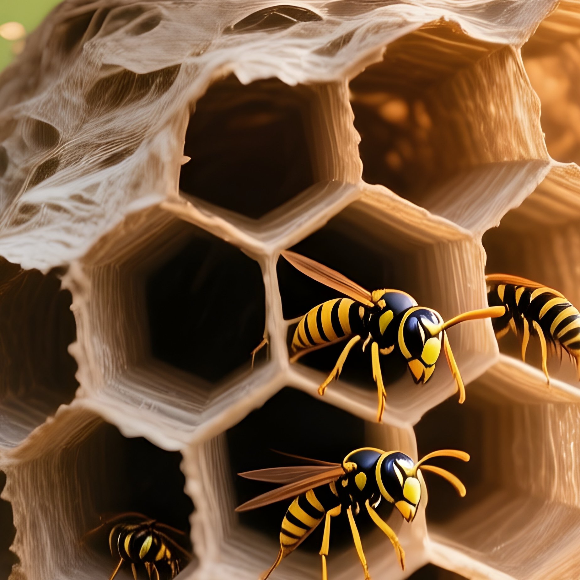 Paper Wasp Nest Hanging From Branch Showing Hexagonal Cells And Larvae Inside - Full Resolution Quality Preview