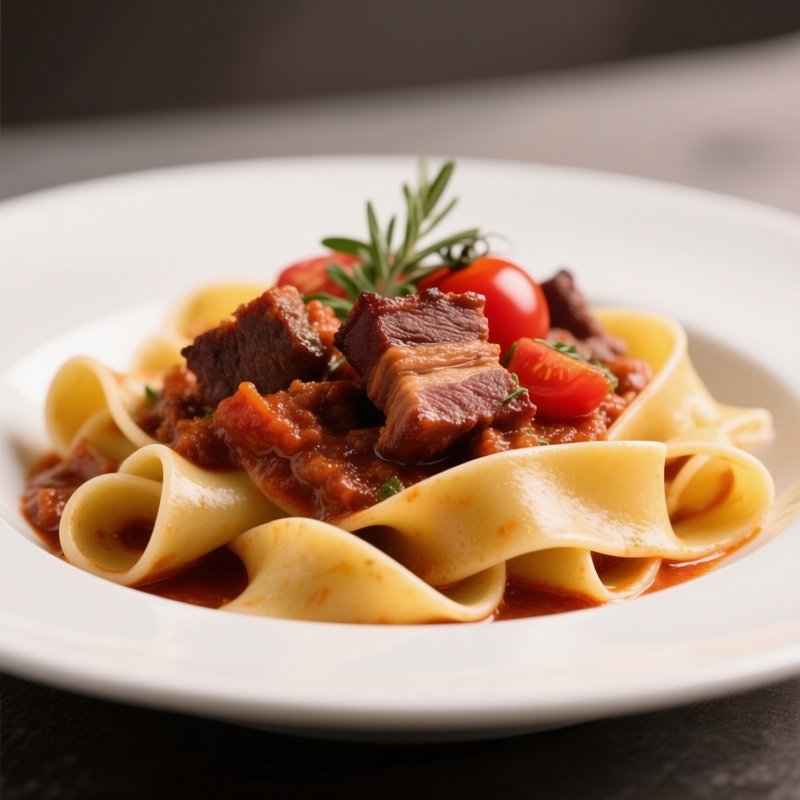 Pappardelle Al Cinghiale Featuring Wide Pasta Ribbons With Slow Braised Wild Boar Ragù, Red Wine, Tomato, And Herbs
