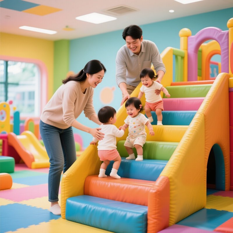 Parents Helping Toddlers Climb Padded Stairs In Baby Play Corner