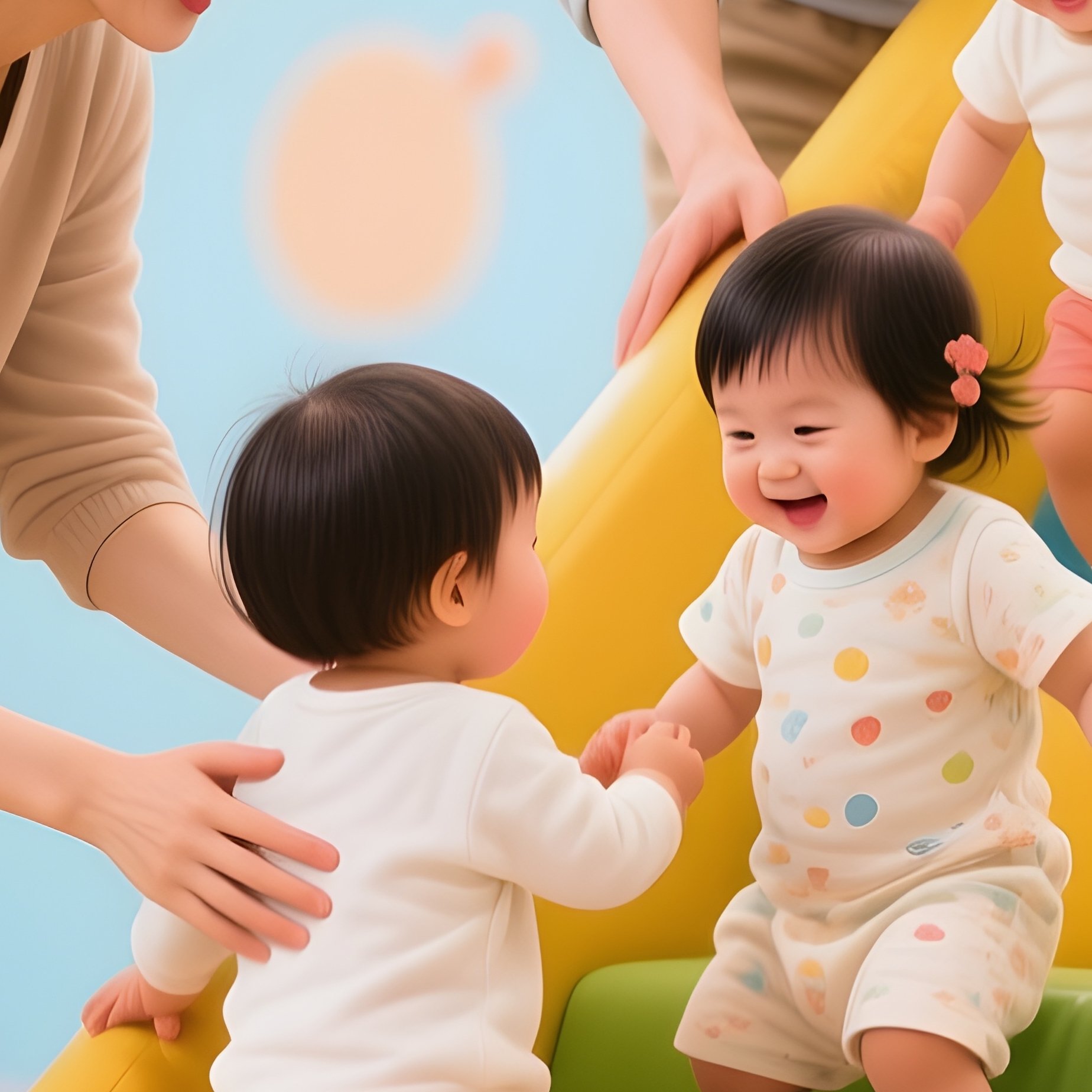 Parents Helping Toddlers Climb Padded Stairs In Baby Play Corner - Full Resolution Quality Preview