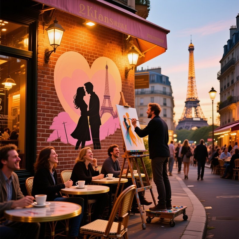 Paris Cafe Golden Hour Artist Painting Fresco