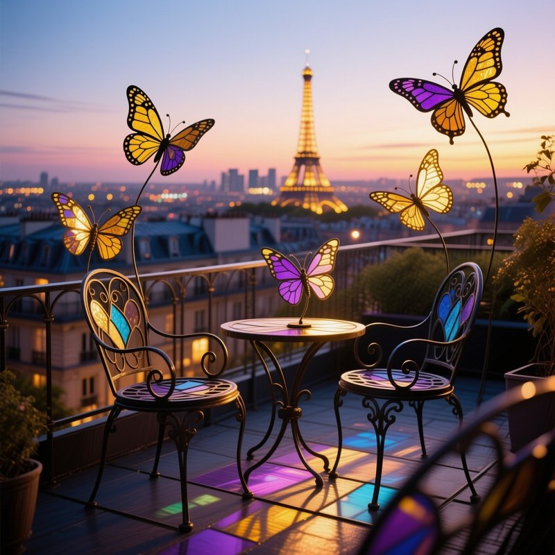 Paris Rooftop Twilight Butterfly Sculptures