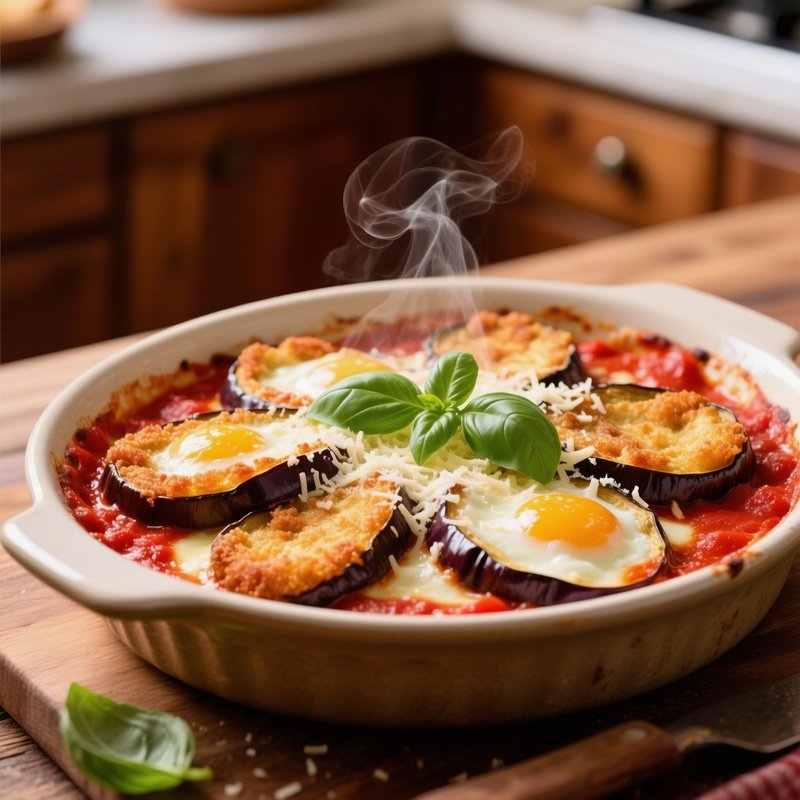 Parmigiana Di Melanzane Layered Fried Eggplant Slices With Tomato Sauce Mozzarella Basil And Parmigiano Reggiano