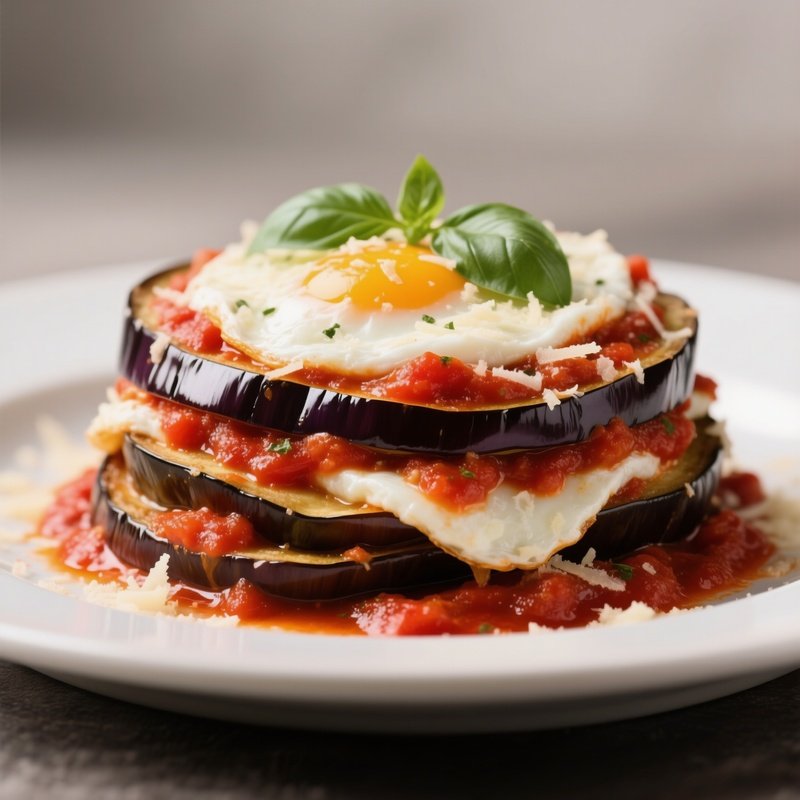 Parmigiana Di Melanzane Layered Fried Eggplant Slices With Tomato Sauce, Mozzarella, Basil, And Parmigiano Reggiano