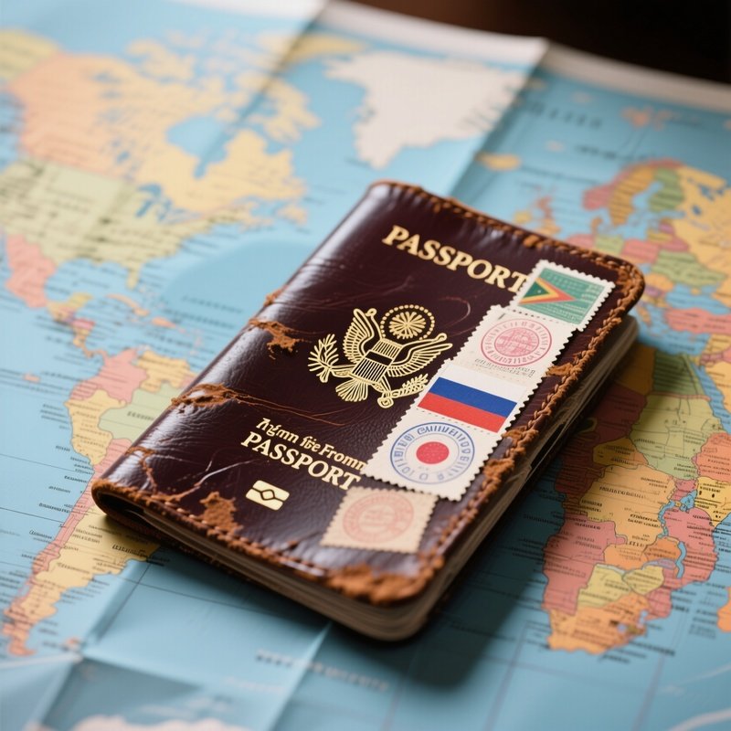 Passport: A Worn Leather Passport Filled With Stamps From Different Countries, Resting On A Map, Symbolizing Global Business Travel.