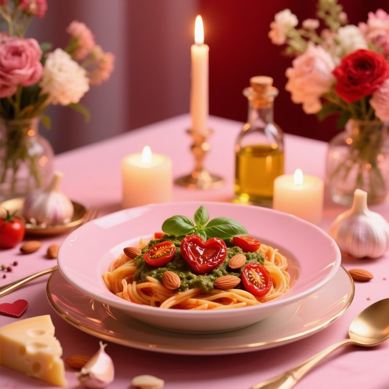 Pasta Al Pesto Rosso With Sun Dried Tomatoes Almonds Garlic Basil Olive Oil And Cheese As A Metaphor For Romance