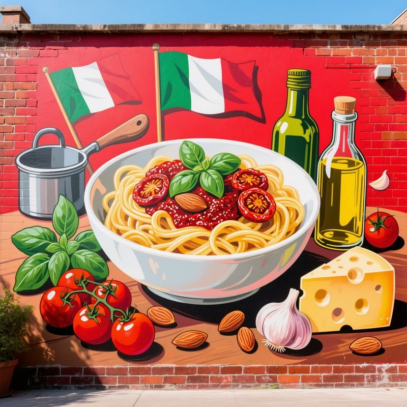 Pasta Al Pesto Rosso With Sun Dried Tomatoes Almonds Garlic Basil Olive Oil And Cheese As A Cultural Phrase