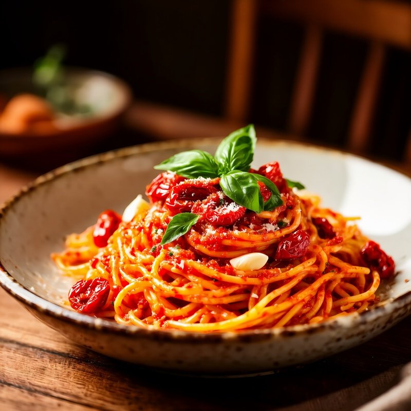 Pasta Al Pesto Rosso With Sun Dried Tomatoes Almonds Garlic Basil Olive Oil And Cheese