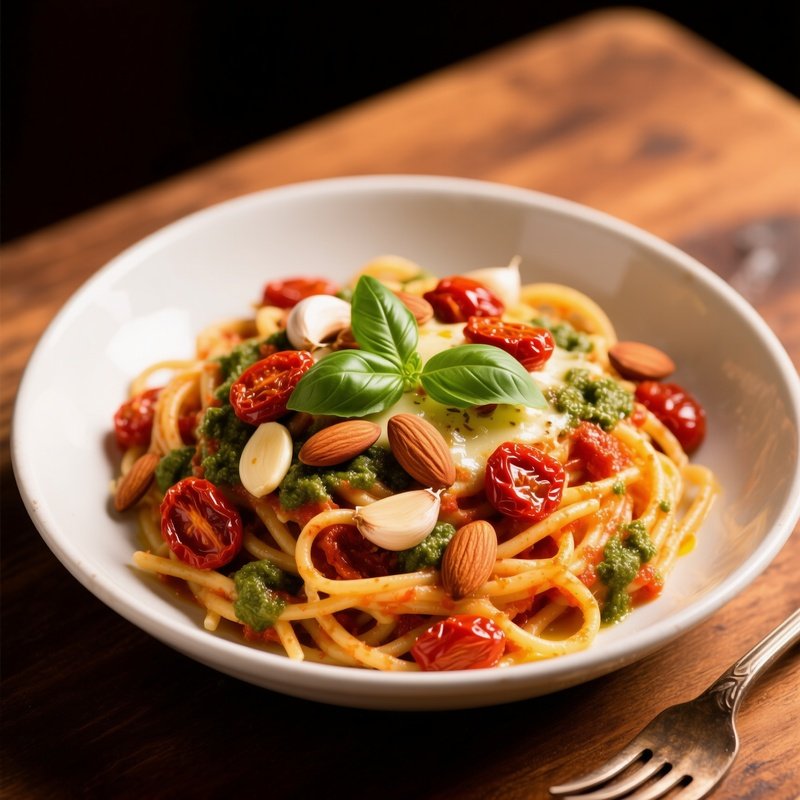 Pasta Al Pesto Rosso With Sun Dried Tomatoes Almonds Garlic Basil Olive Oil And Cheese