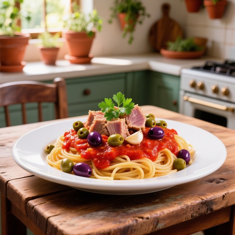 Pasta Al Tonno With Tomato Sauce Tuna Capers Olives And Garlic