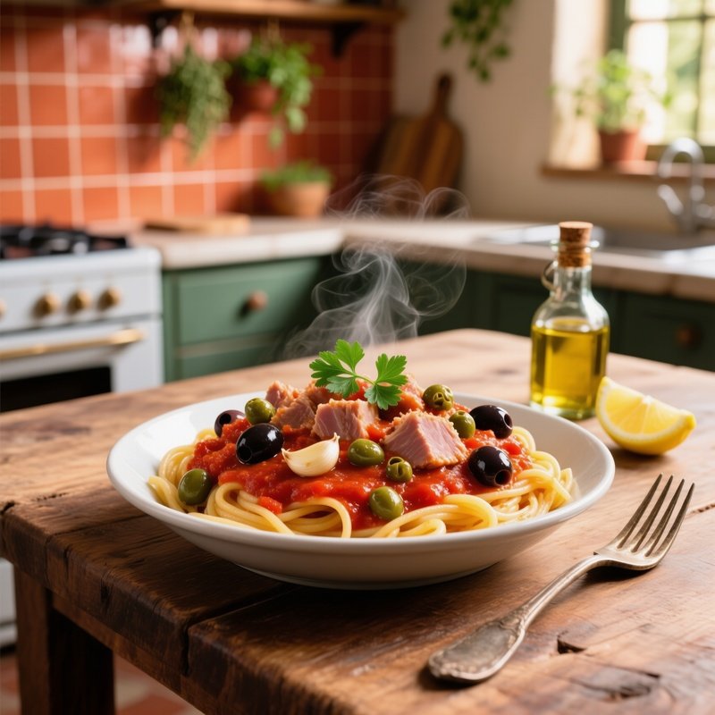 Pasta Al Tonno With Tomato Sauce Tuna Capers Olives And Garlic