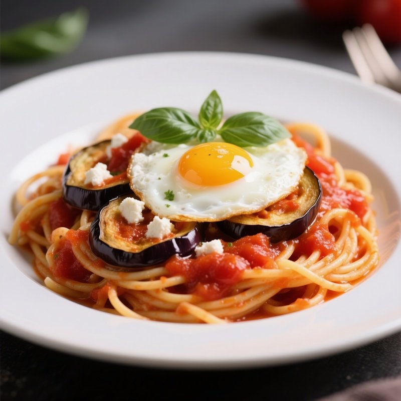 Pasta Alla Norma With Pasta Tossed In Tomato Sauce, Fried Eggplant, Ricotta Salata, And Basil