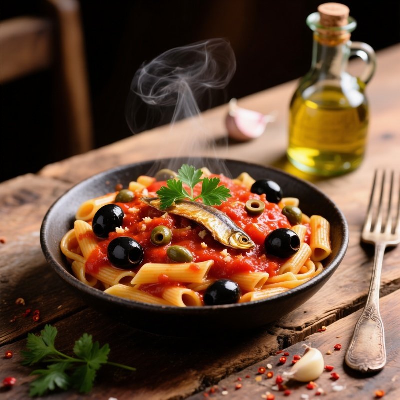 Pasta Alla Putanesca Combining Tomato Sauce Olives Capers Anchovies Garlic And Chili