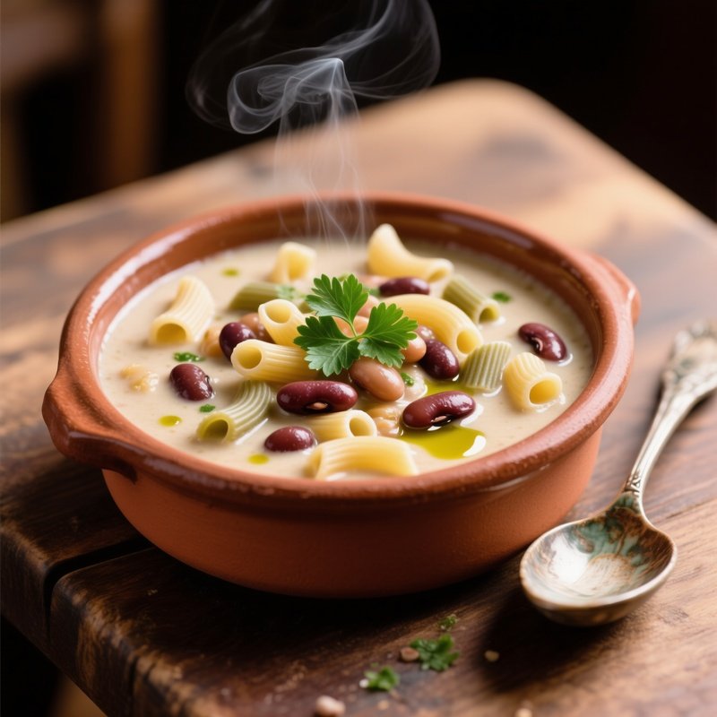 Pasta E Fagioli Thick Soup In Terracotta Bowl