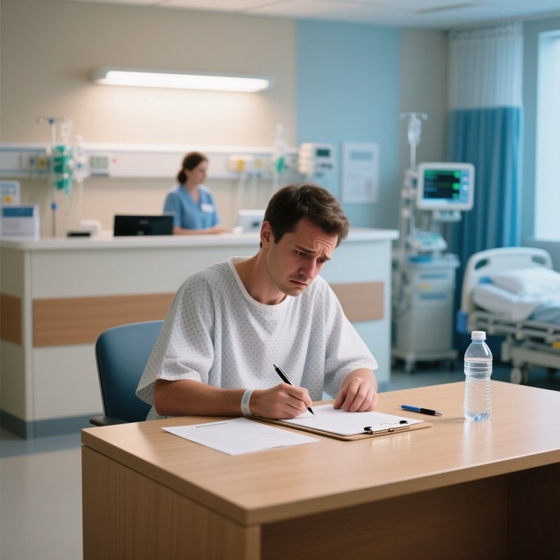 Patient Filling Out Admission Paperwork At A Desk