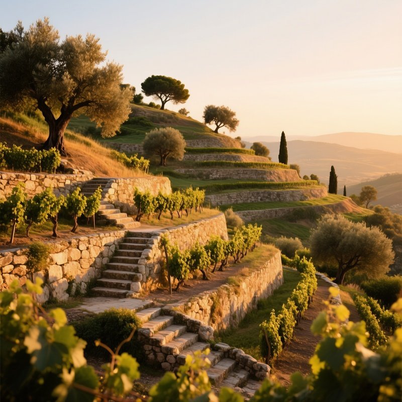 Peaceful Rural Hillside Terraced Farms Olive Trees Grapevines Stone Steps Late Afternoon