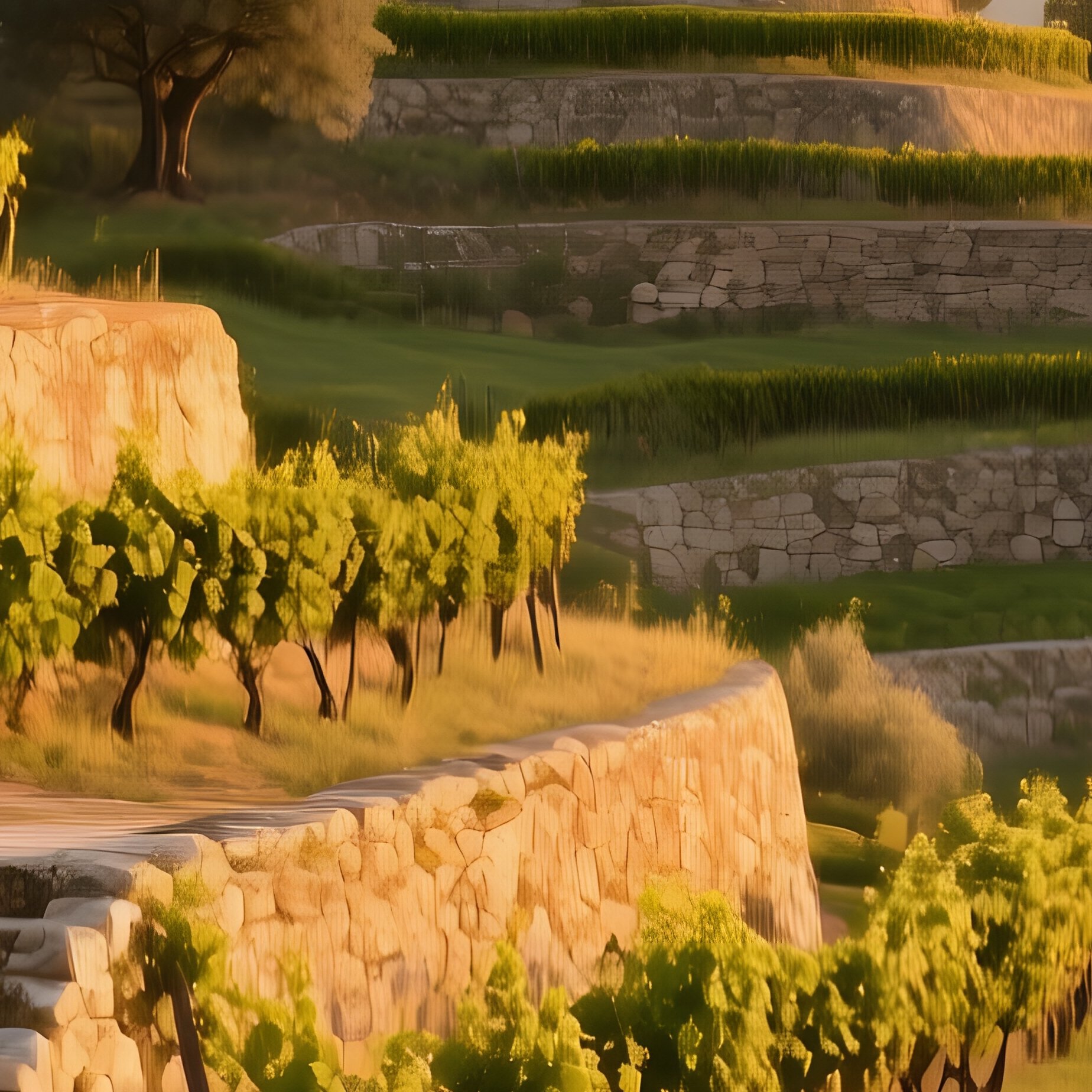 Peaceful Rural Hillside Terraced Farms Olive Trees Grapevines Stone Steps Late Afternoon - Full Resolution Quality Preview