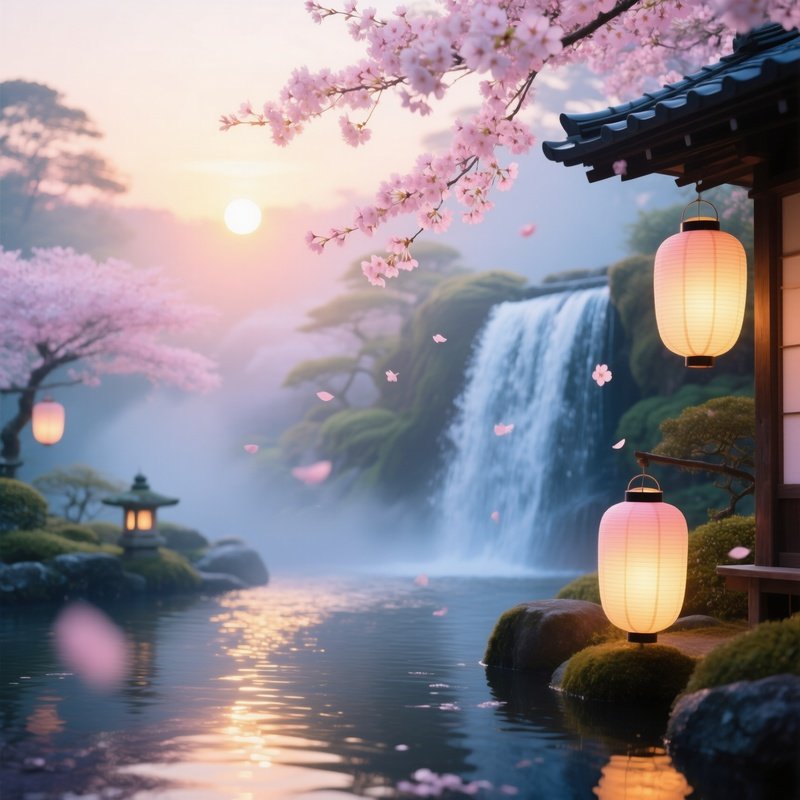 Peaceful Sunrise Over Waterfall In Japanese Garden