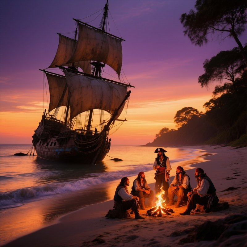 Peaceful Twilight Pirate Ship Bonfire