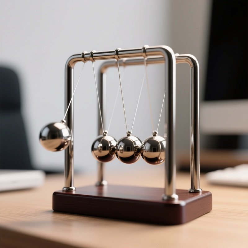 Pendulum: A Newton’S Cradle Desk Toy In Motion, Steel Balls Clicking, Symbolizing Momentum And Kinetic Energy.