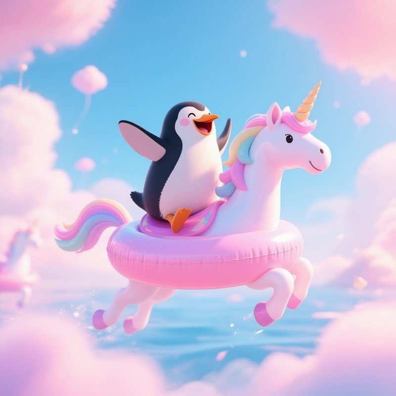 Penguin On Unicorn Floatie Scene